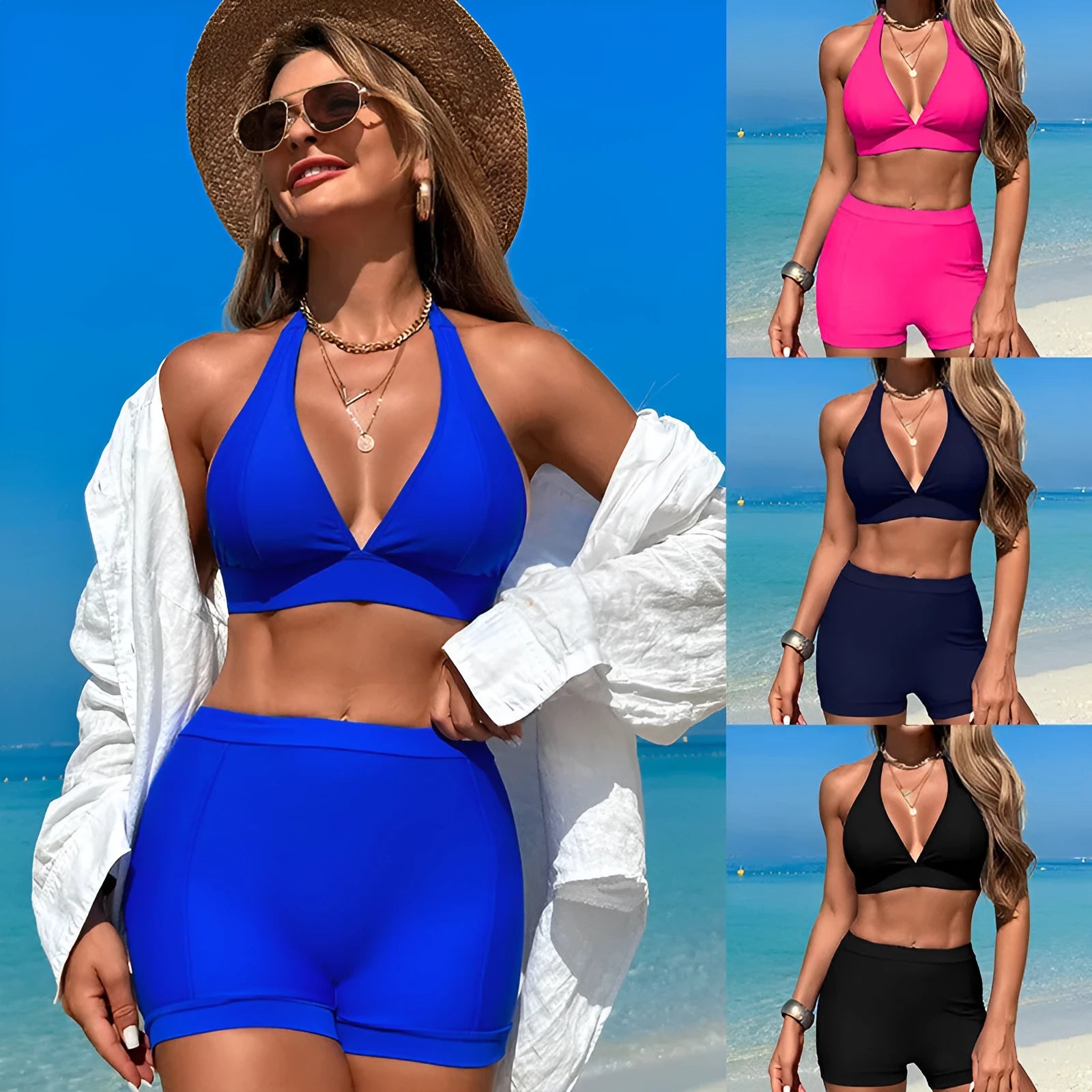 Women's split bikini swimsuit in black colour showing sleeveless design
