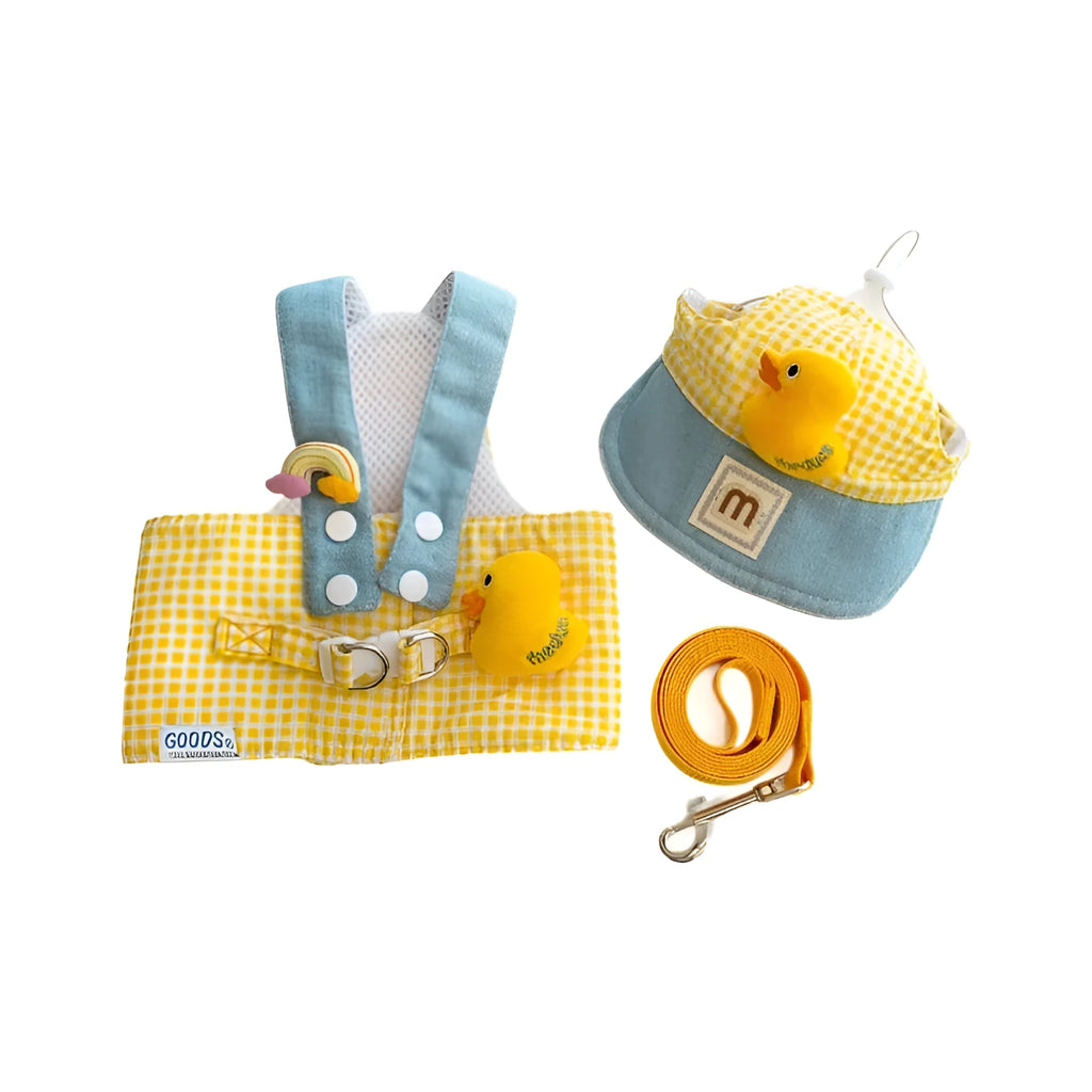 Three-piece cat harness and leash set with a wire rope pulling toy and a cute hat.