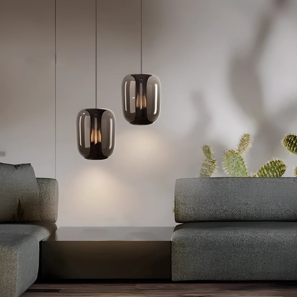 Minimalist Nordic chandelier light fitting in clear, cognac, or smoky grey colour measuring 16cm diameter by 20cm height