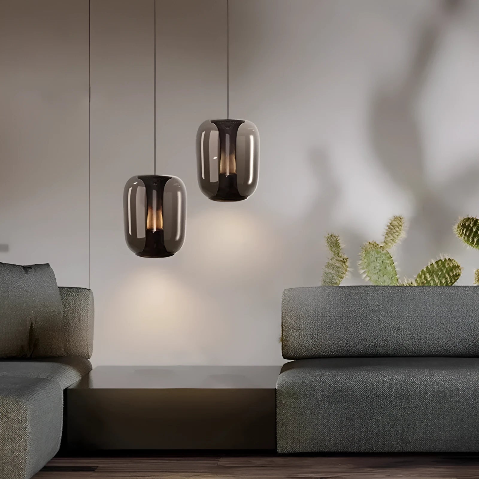 Minimalist Nordic chandelier light fitting in clear, cognac, or smoky grey colour measuring 16cm diameter by 20cm height