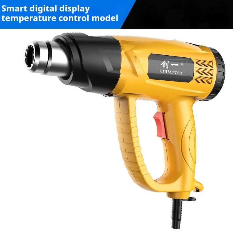 Handheld digital hot air gun with temperature display, 100°C working temperature, and 10 L/min air flow rate