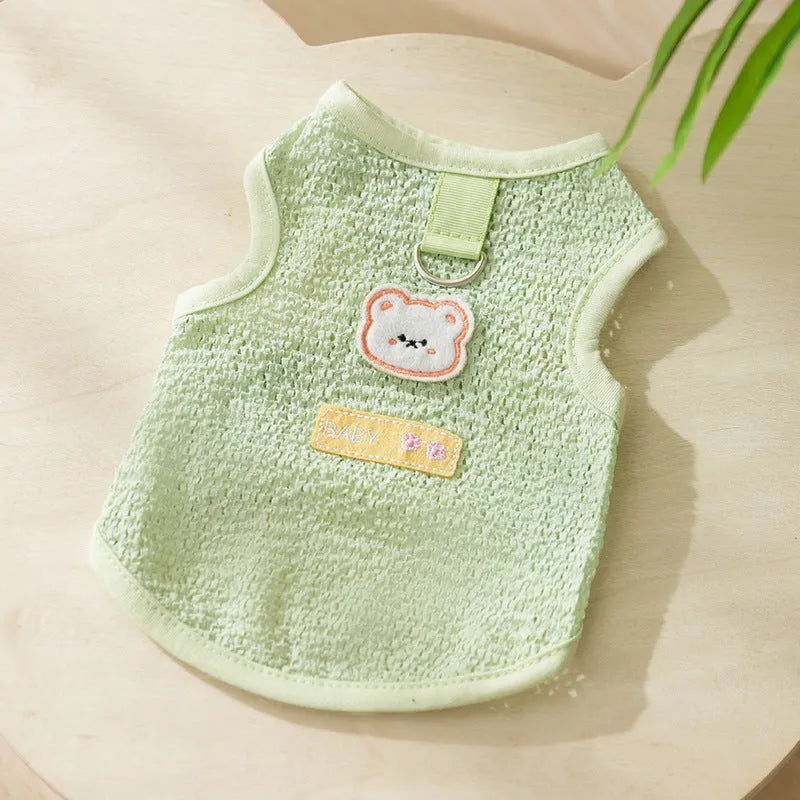 Bear patch cat clothing in hollowed-out knitted fabric shown in blue, green and yellow colours