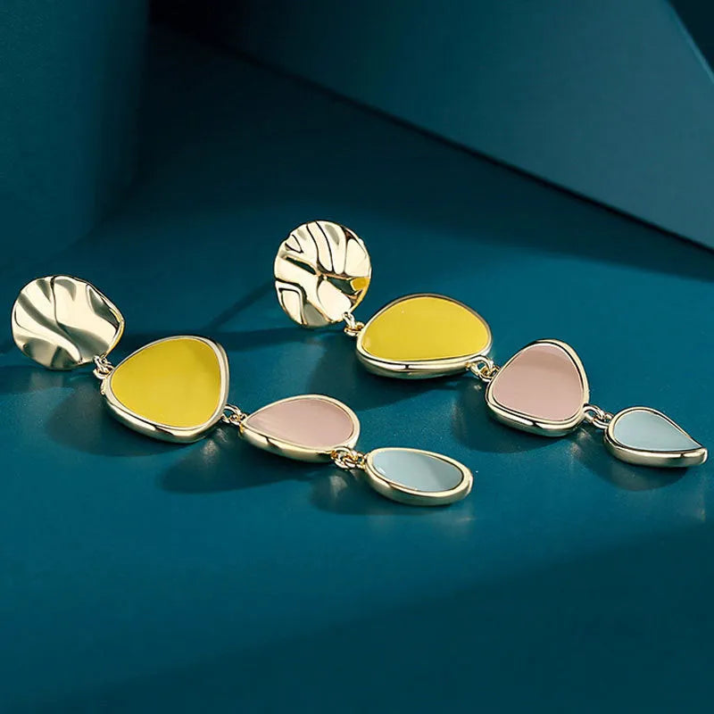 Morandi three-colour oil drip wafer earrings with sterling silver posts on alloy disc