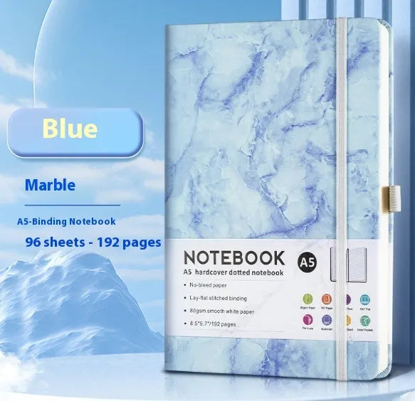 A5 office diary with hand skin feeling PU leather cover and strap closure, open to show horizontal line pages.