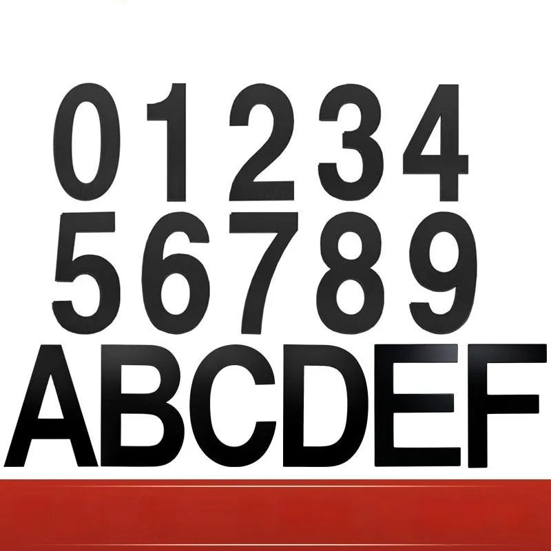 Black stainless steel sticky house numbers and letters set showing characters A, B, C, 1, 2, 3, each 7.5cm tall.