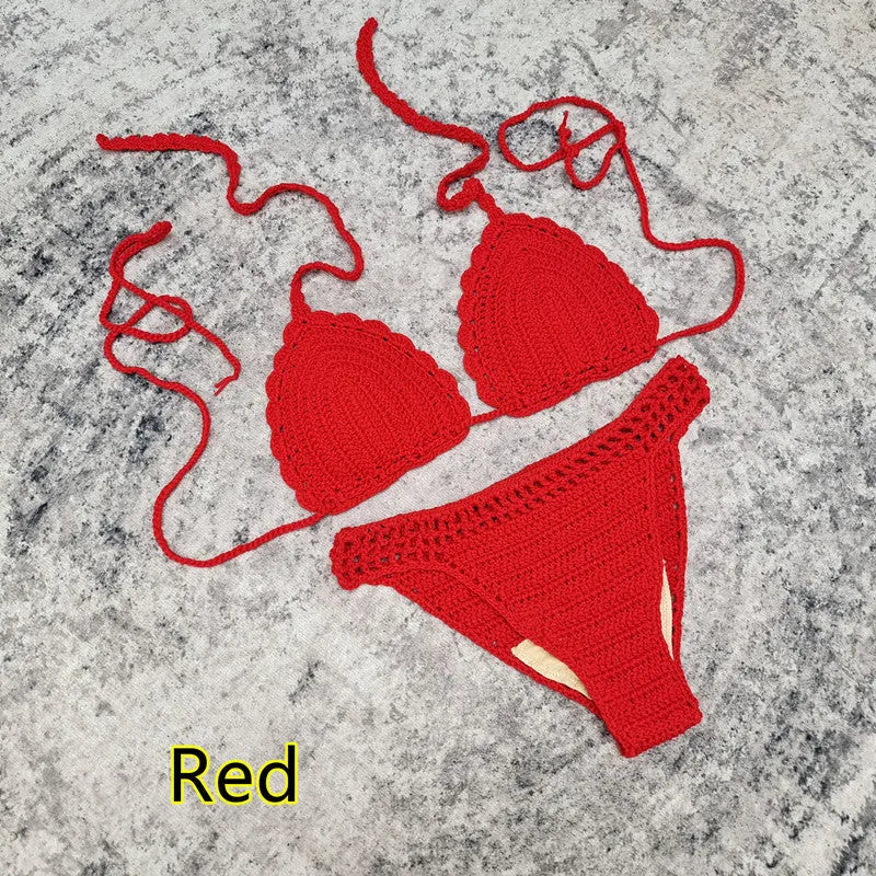 Women's handmade crochet three-piece bikini and beach skirt swimsuit set