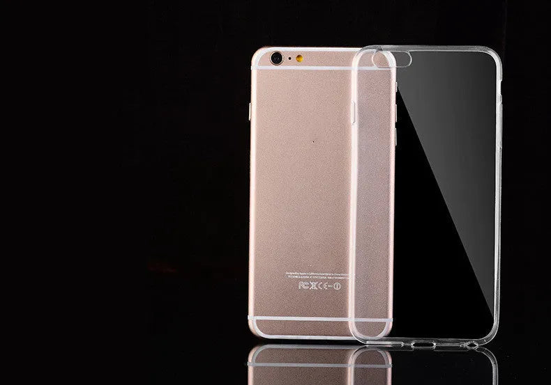 Transparent flexible TPU soft shell case on an iPhone, showing slim profile and full phone visibility.