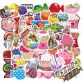 Pack of 50 colourful candy graffiti stickers with cartoon designs, sized 4-6cm.