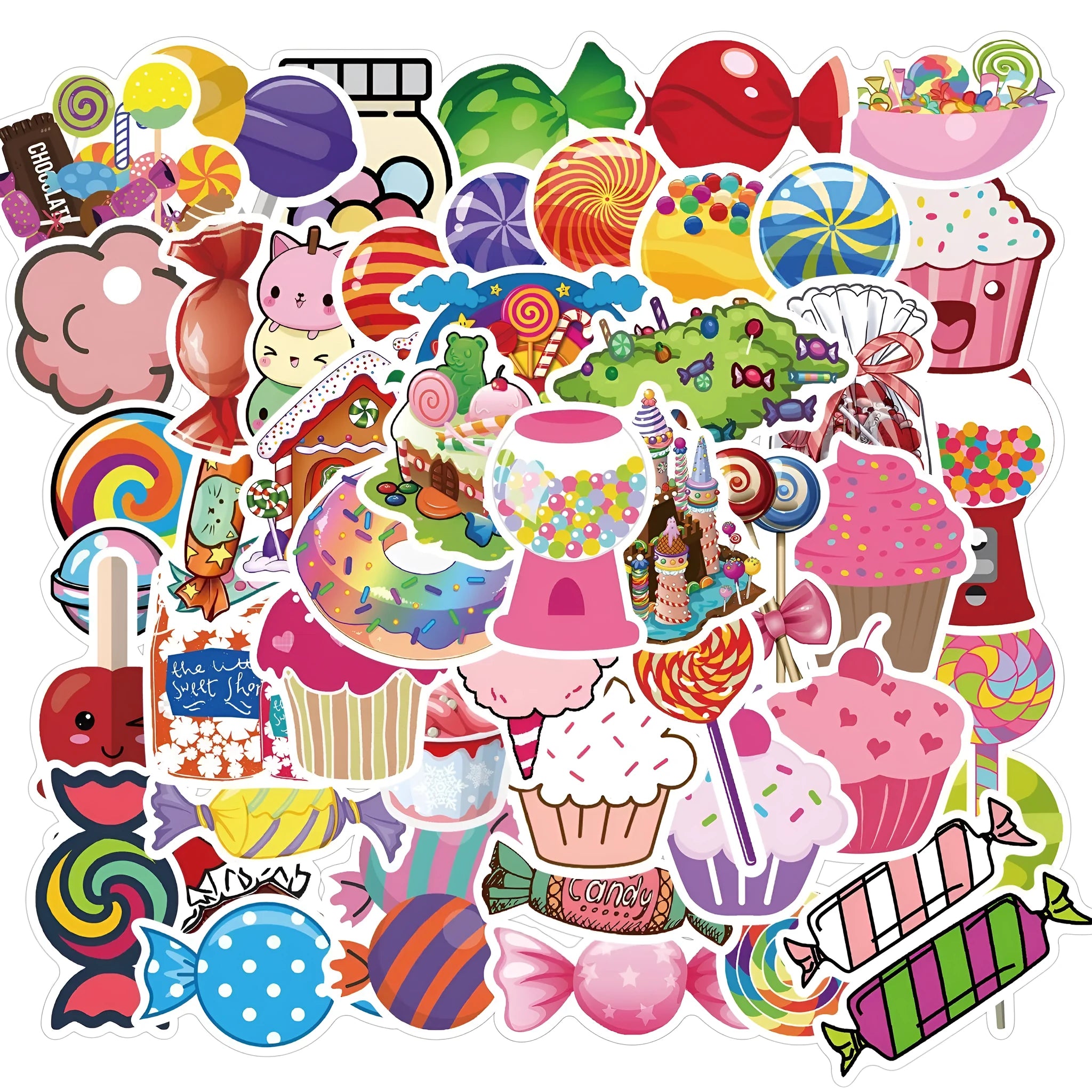Pack of 50 colourful candy graffiti stickers with cartoon designs, sized 4-6cm.