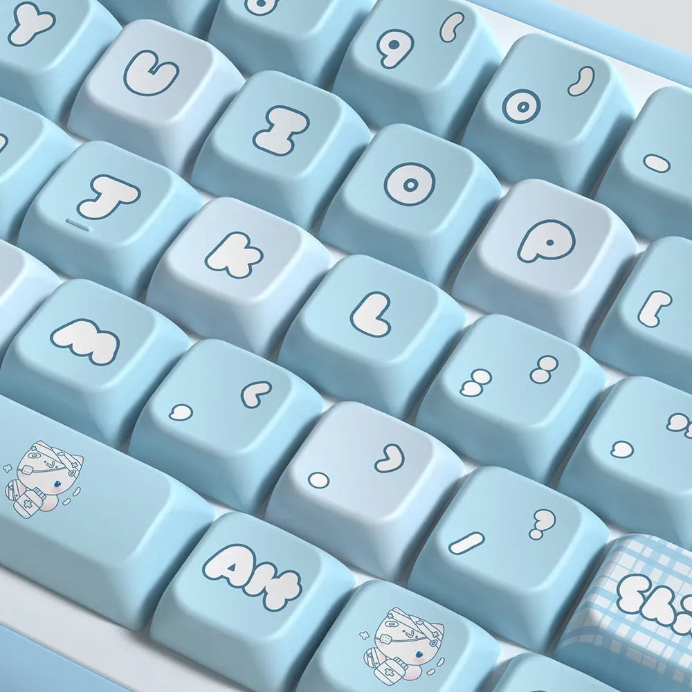 Custom watercolour kitten design mechanical keyboard keycap set with opaque legends, shown in a box.