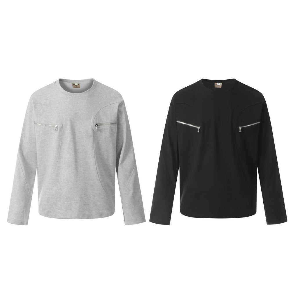 Black and Flower Grey loose fit cotton long sleeve pullover on a hanger