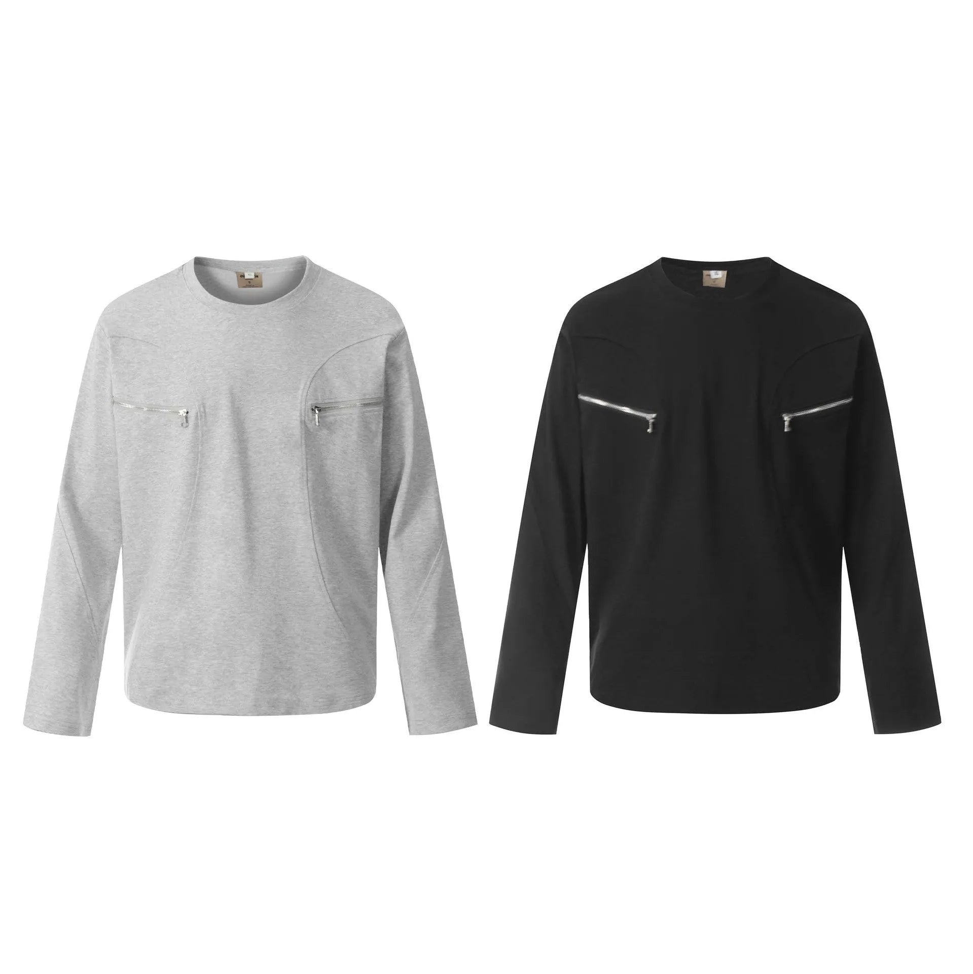 Black and Flower Grey loose fit cotton long sleeve pullover on a hanger