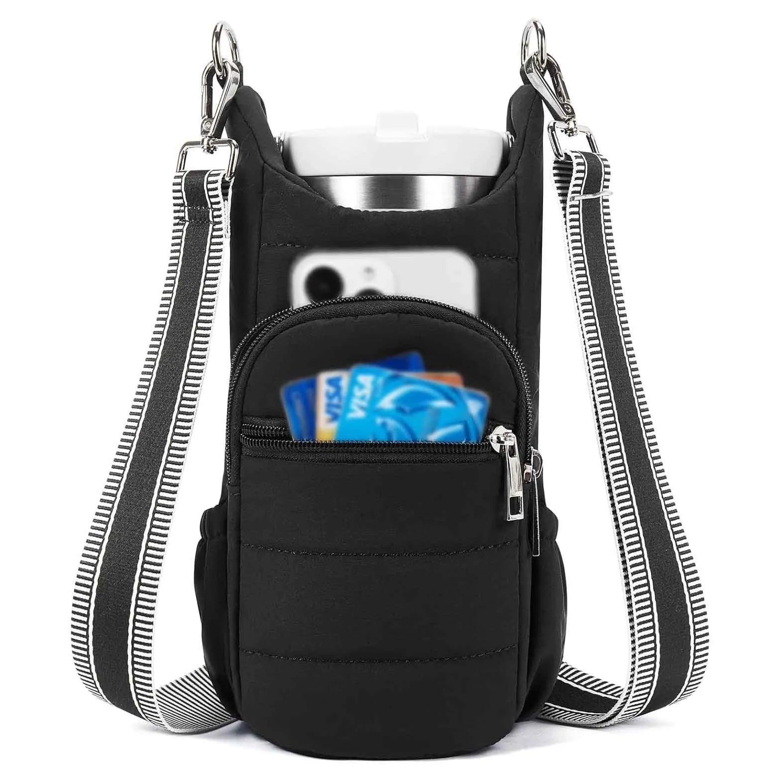 Cloth bicycle water bottle bag in black, pink or beige colour mounted on bike frame