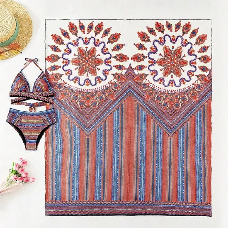 Women's three-piece polyester swimsuit set with cutout top, high-waist briefs, and a coat in picture colour.
