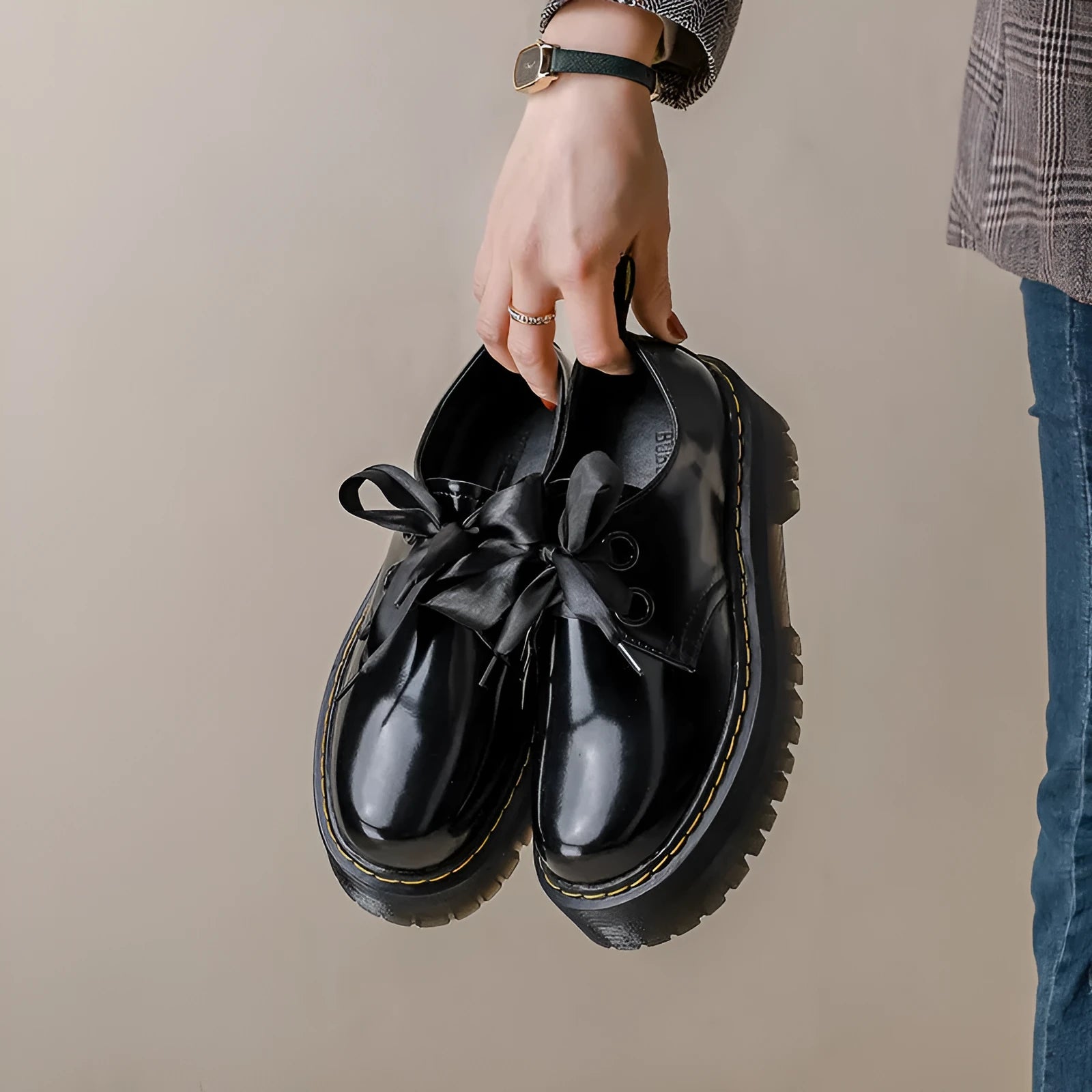 Women's black thick-soled shoes with ribbon laces and cross-strap design on superfine fibre upper