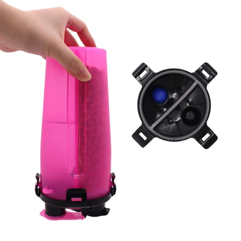 White portable pet cup showing separate water bottle and food container compartments.