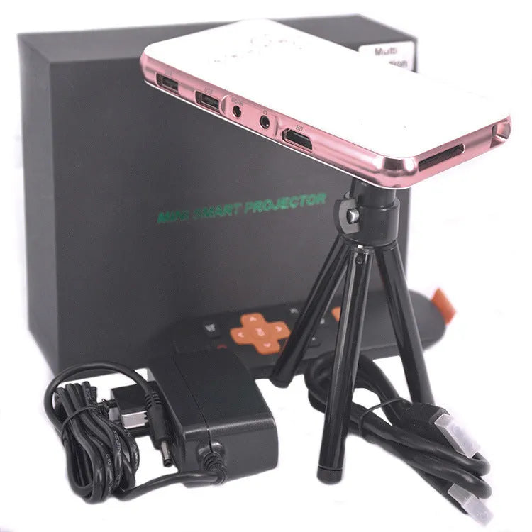 White and rose gold miniature portable smart DLP Android projector showing compact size.