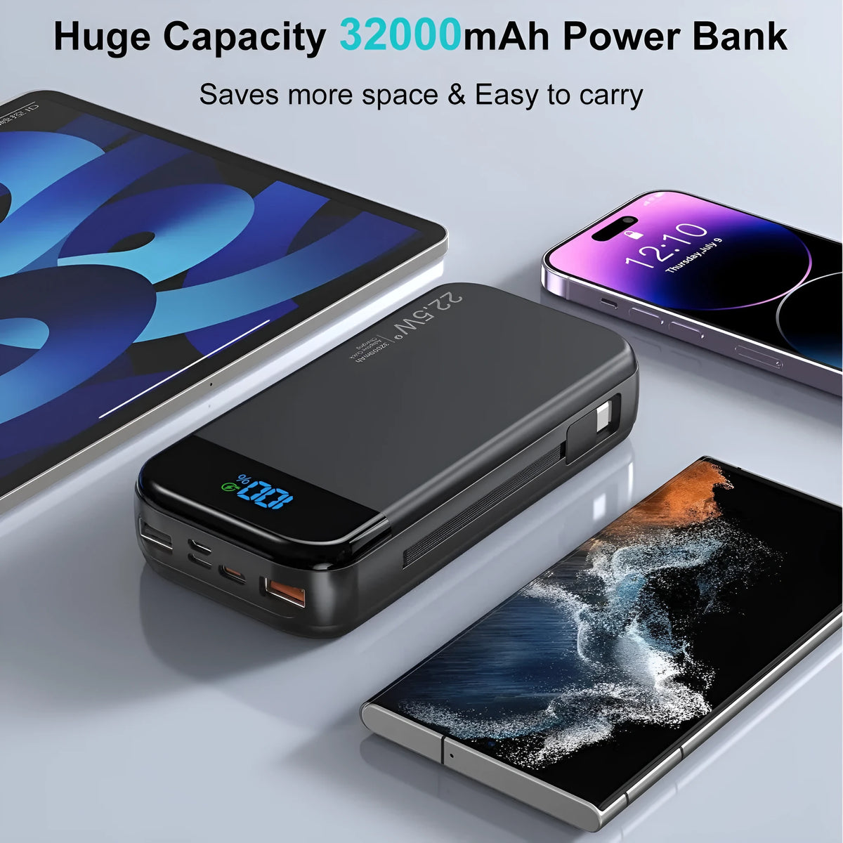 PSE power bank fast charge 32000mAh black and orange with digital display and Type-C cable
