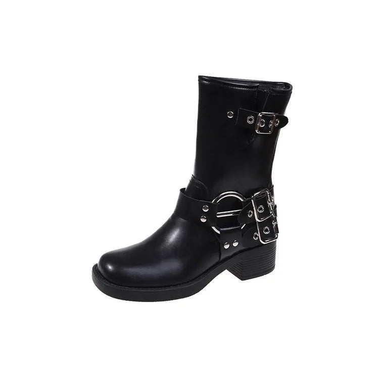 Women's black platform boots with buckle strap at middle calf length