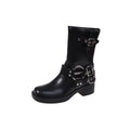 Women's black platform boots with buckle strap at middle calf length