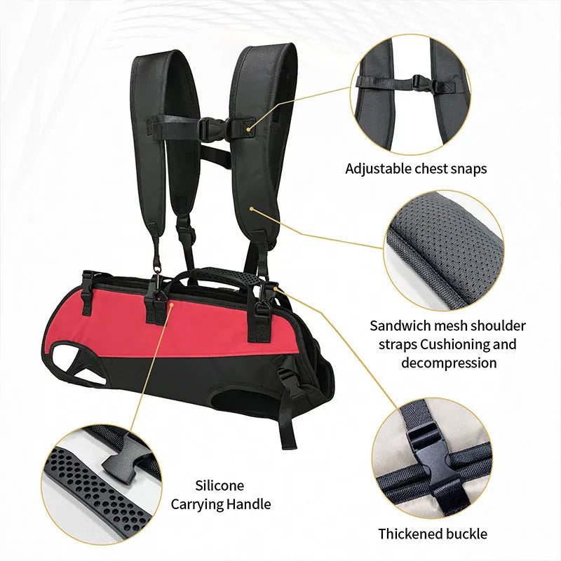 Multifunctional soft Oxford cloth pet backpack stretcher carrier in black with blue trim, shown in backpack mode.