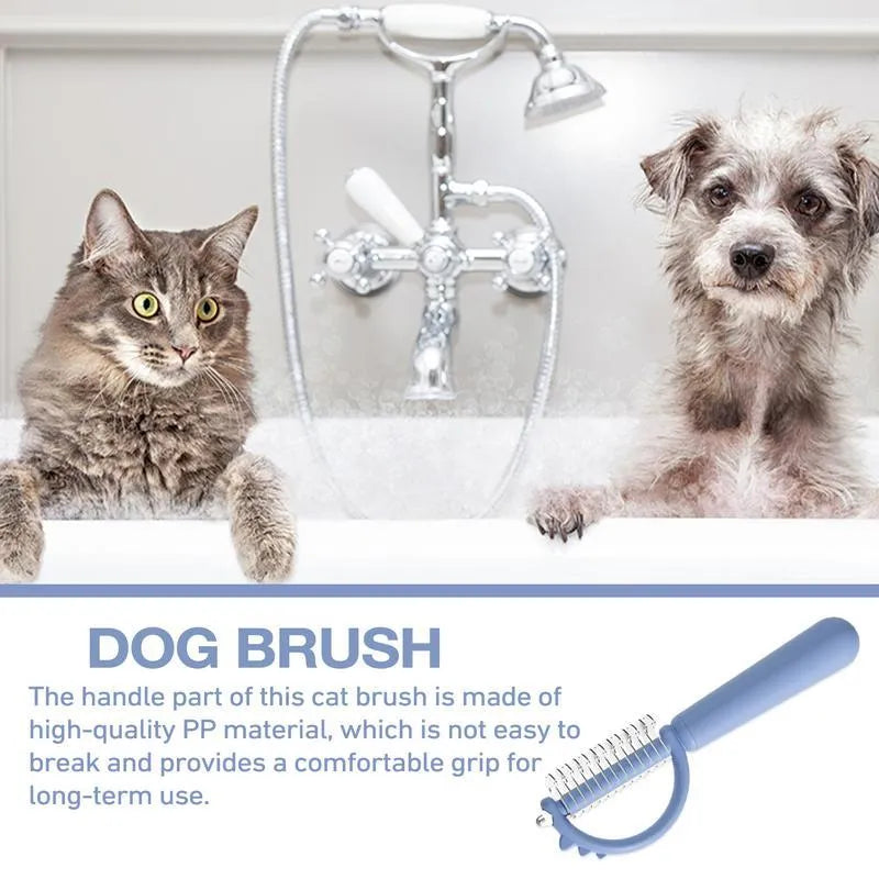 Blue dinosaur-shaped double-sided self-cleaning cat brush for grooming.