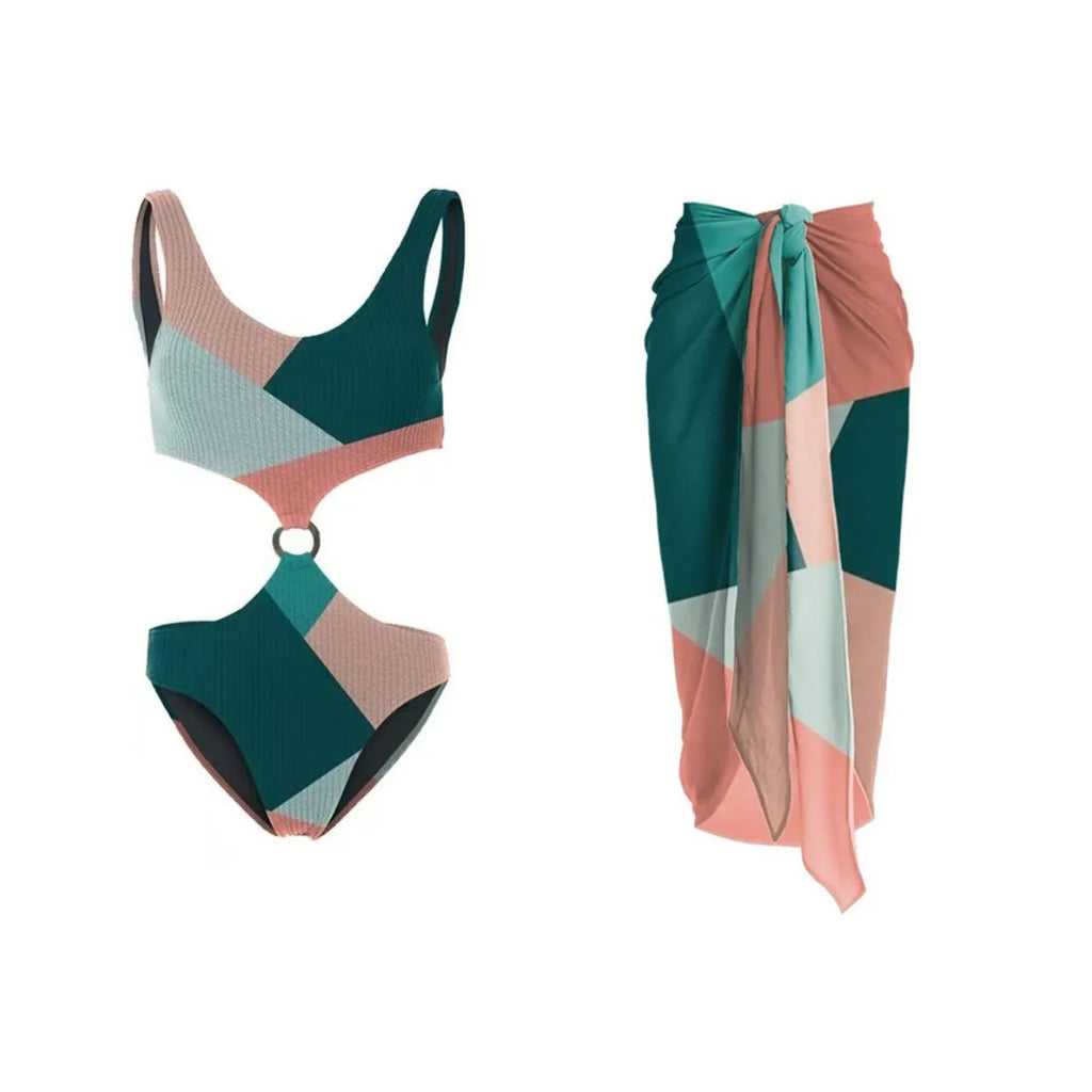 Contrast colour bikini two-piece set with matching mesh gauze skirt on hanger