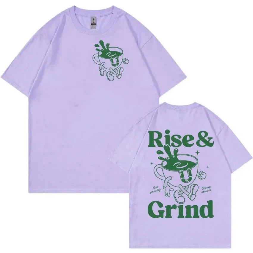 Loose fit linen T-shirt with Rise and Grind text and green coffee cartoon print on chest.