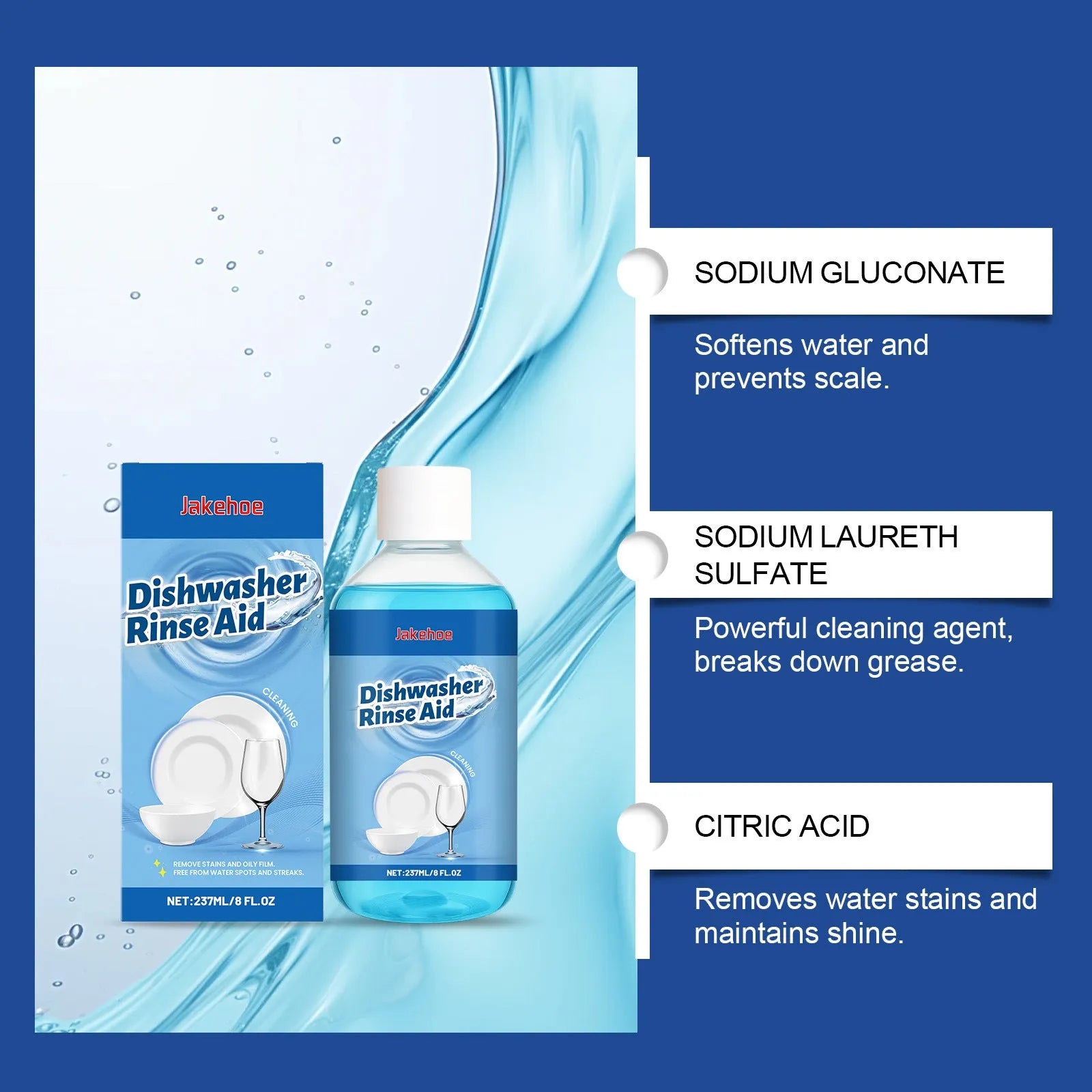 237mL bottle of dishwasher detergent cleaner for grease and stains on plates and kitchenware.