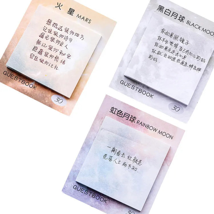 Square planet-themed sticky notes notepad showing oil painting designs of moon, earth, and mars