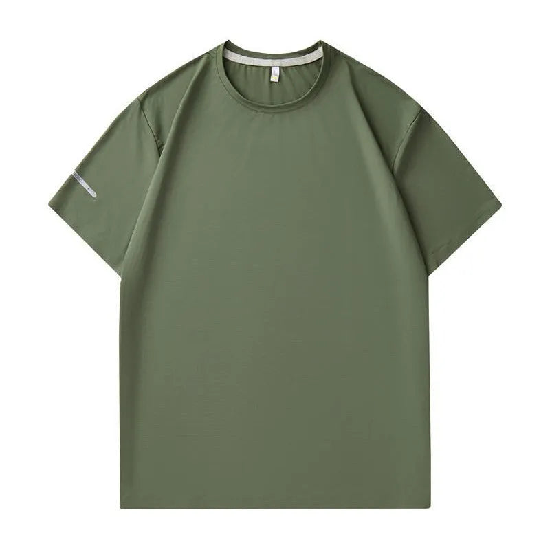 Seamless nylon quick-drying round neck T-shirt in army green colour on white background