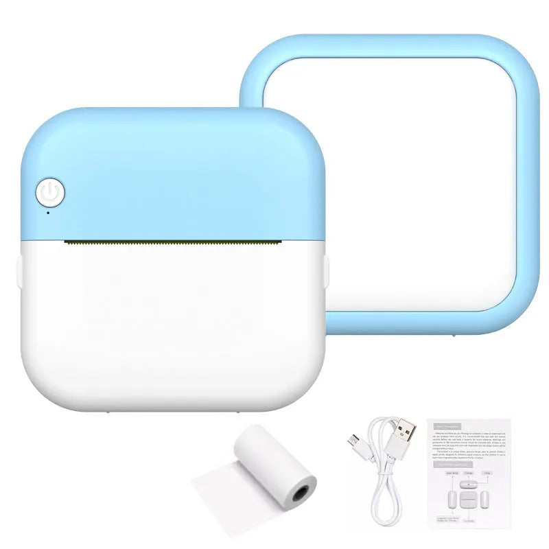 Student mini thermal label printer in blue, 12x9x4.6cm, USB interface, thermal printing paper
