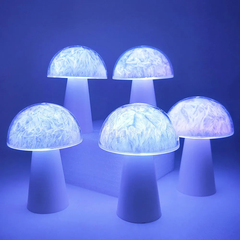 Mushroom-shaped RGB night light with remote control on wooden surface