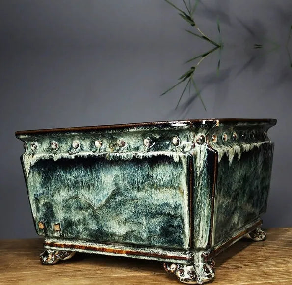 Large handmade ceramic flower pot with crackle glaze surface in dark, light mung bean or white, Chinese style