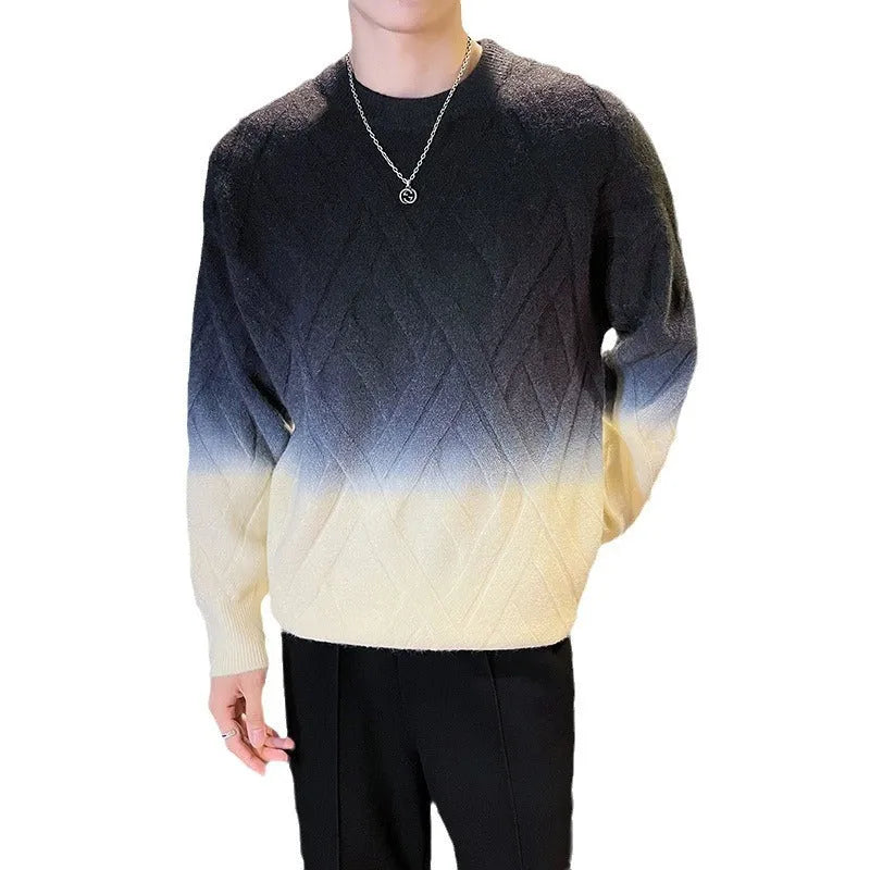 Men's retro crew neck sweater with rhombus tie-dyed jacquard pattern, loose fit, available in four colours
