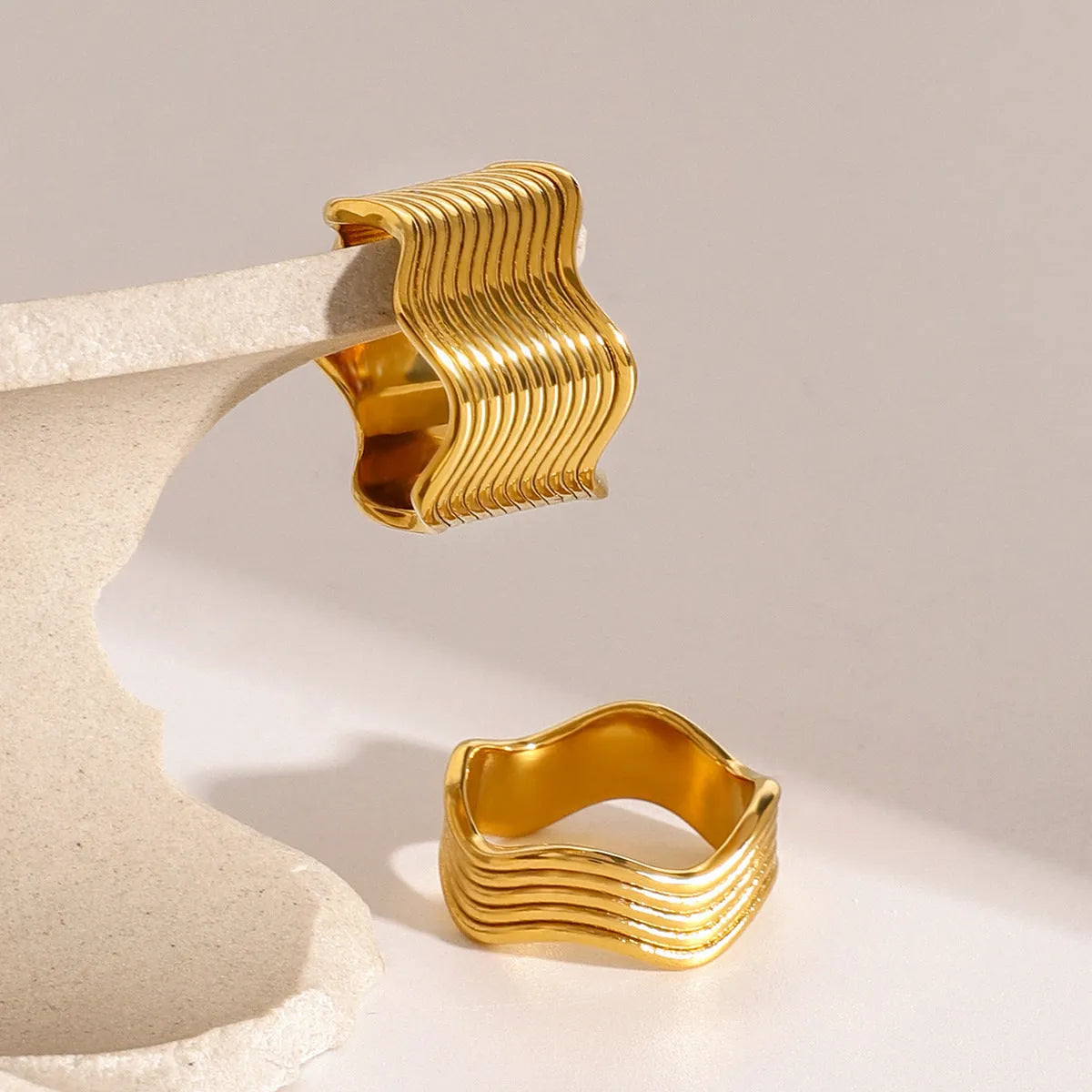Stainless steel wide geometric wave ring with electroplated finish in Korean style colours