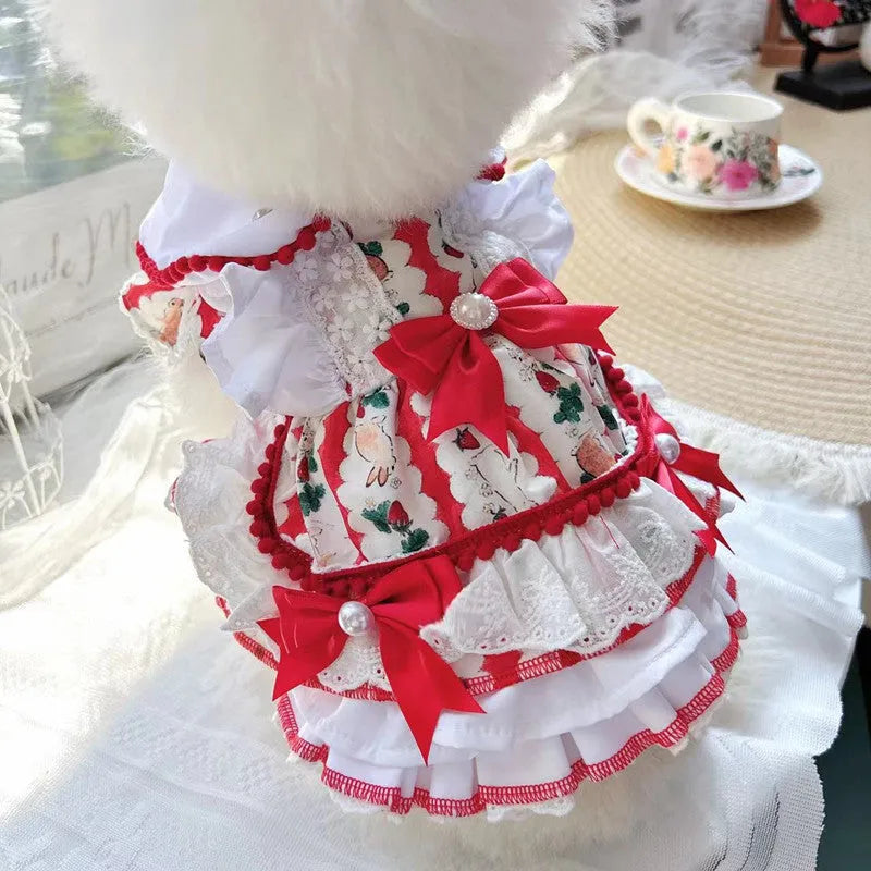 Rabbit design princess style polyester skirt for a small dog showing size guide.