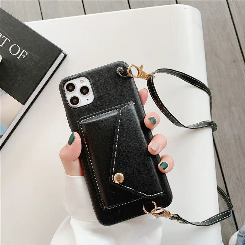 Imitation leather crossbody phone case with card holder and lanyard, embossed 3D design, in khaki, blue, red, or black.