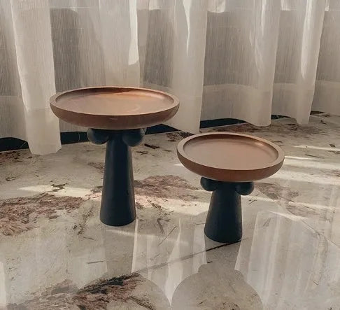 Nordic style wooden round tray on high legs for candle and perfume display organisation