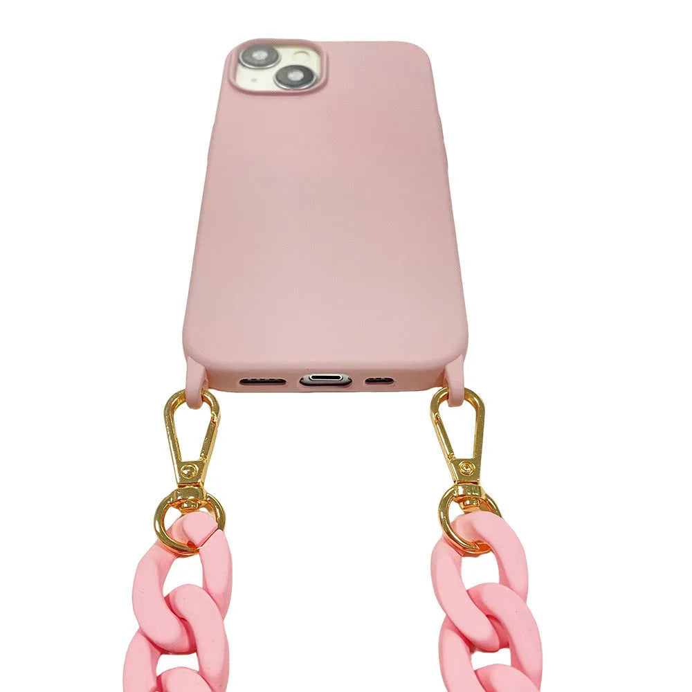 Frosted chain phone cover with slung shoulder strap for iPhone, liquid silicone, pink purple black