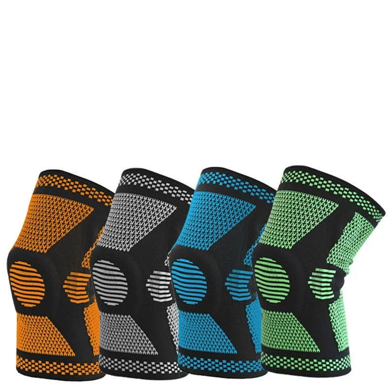 Sports silicone spring knee pads shown in blue, green, orange, and white colours, with sizing chart for leg circumference.