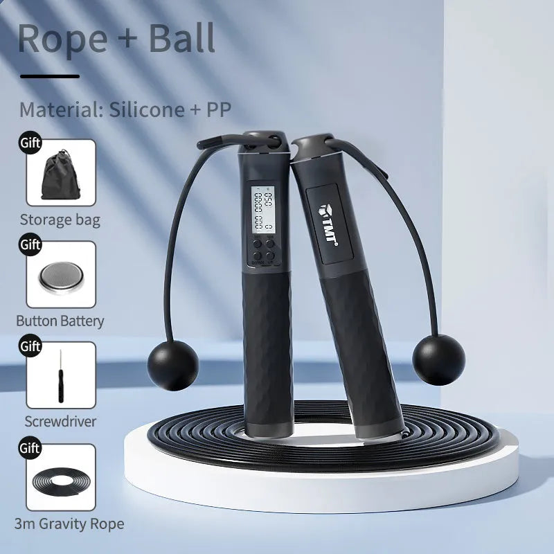 Cordless jumping rope with digital counter and gravity weight ball, black colour, adjustable length