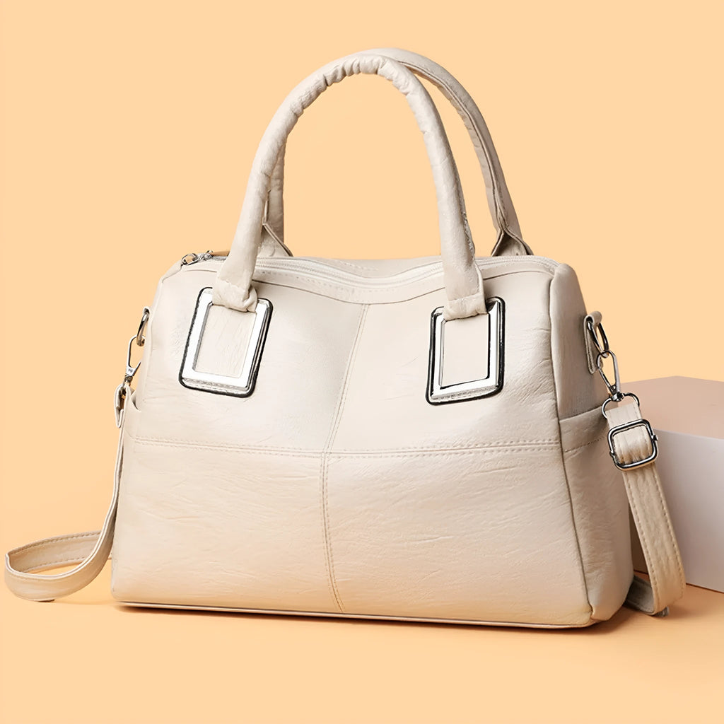 Women's horizontal square shoulder bag in neutral colour with phone pocket and file compartment