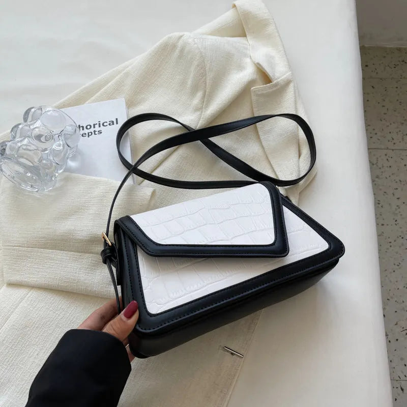 Horizontal square PU leather shoulder bag with stone pattern in black, white, khaki or creamy-white