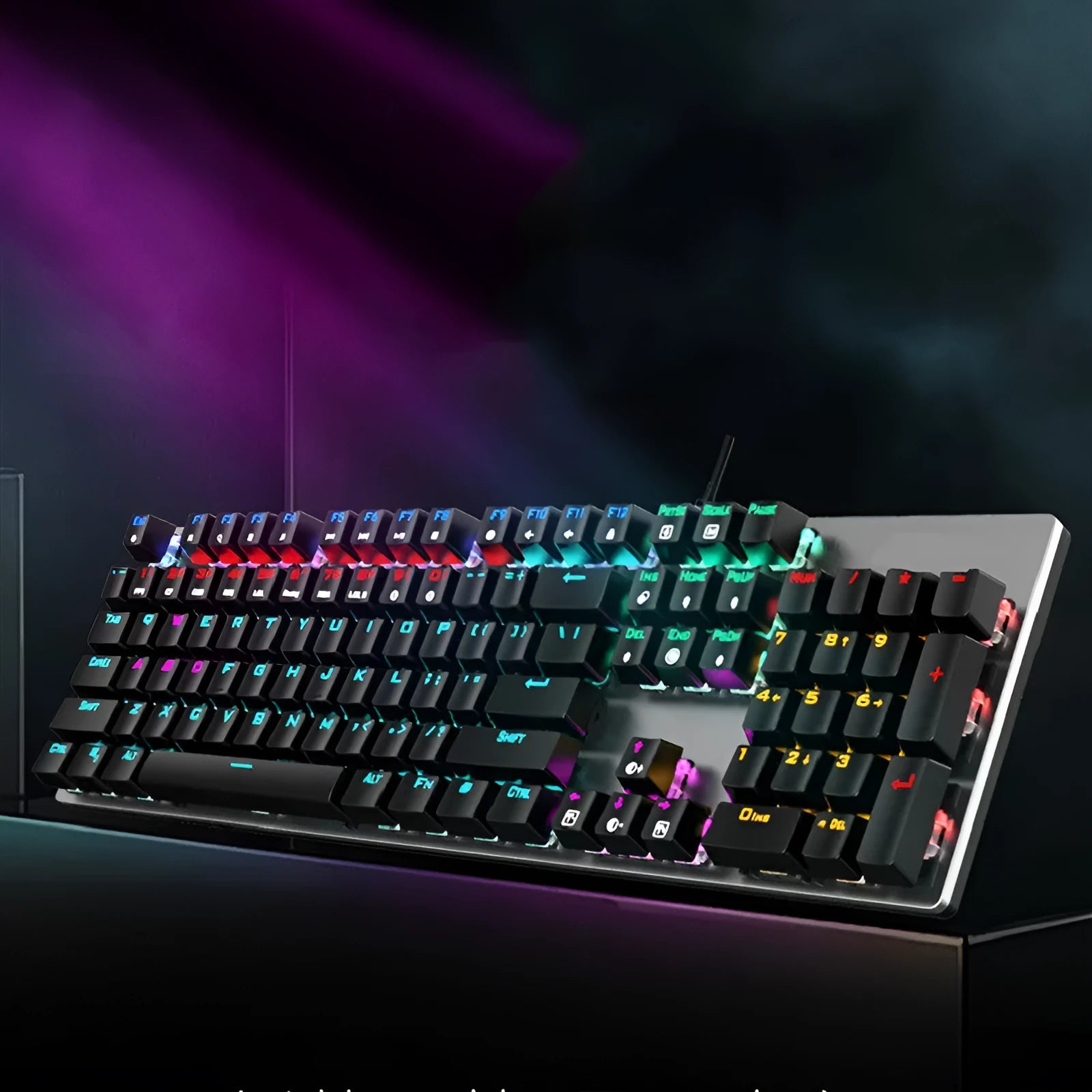 AOC GK410 mechanical keyboard with green axis switches, metal housing, and full 104-key layout including number pad