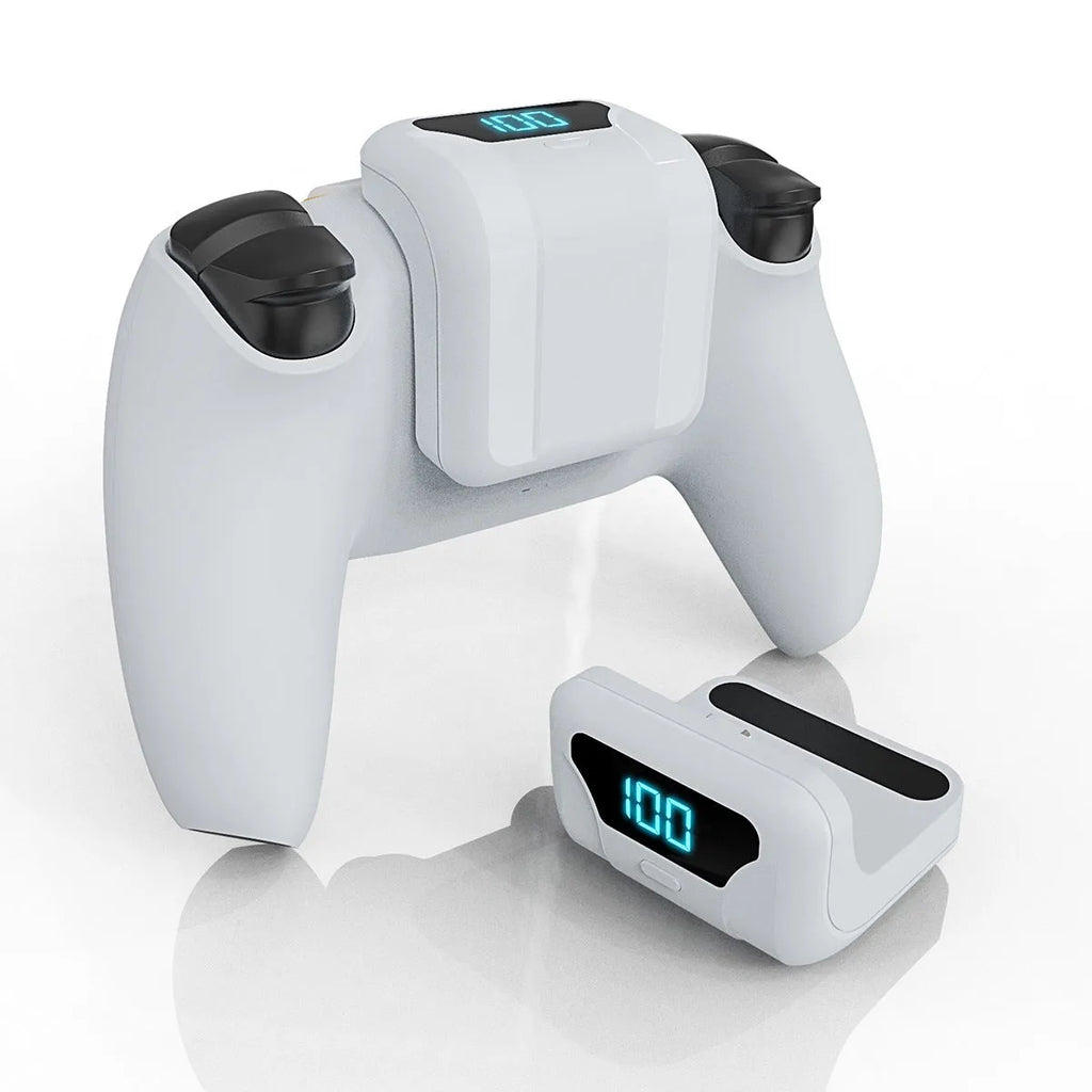 PS5 controller with white 1500mAh battery pack attached to back, LED display visible