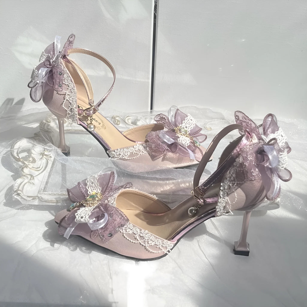 Purple satin Lolita shoes with flat heel and square toe design for wedding fashion