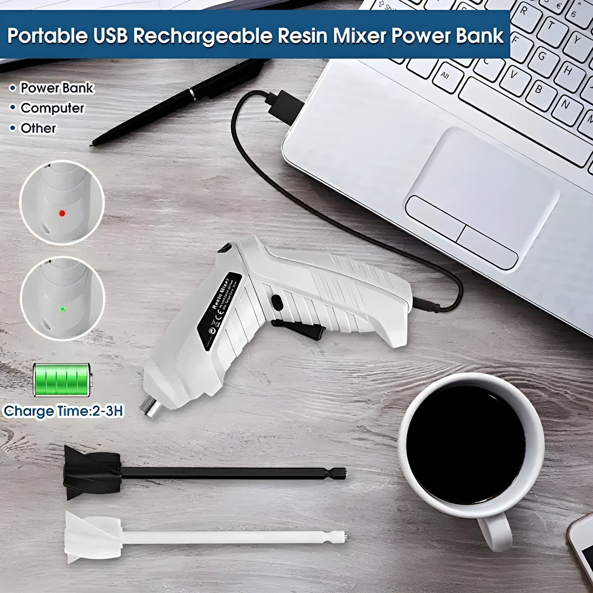 Hand-held ABS plastic epoxy resin stirrer with two mixing rods and charging cable for resin crafts