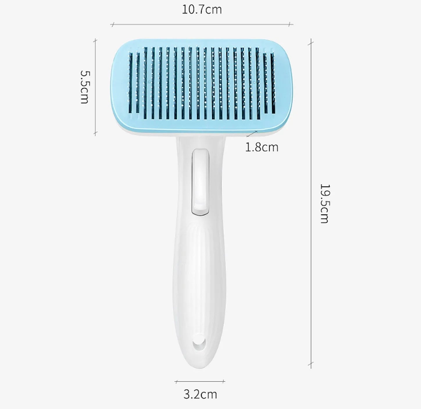 Automatic pet hair removal comb in blue colour measuring 10.7x19.5cm
