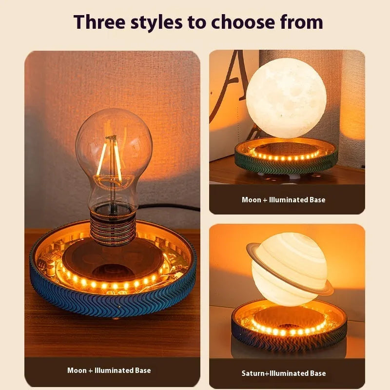 Magnetic suspension moon lamp floating above base with 3D printed modern design